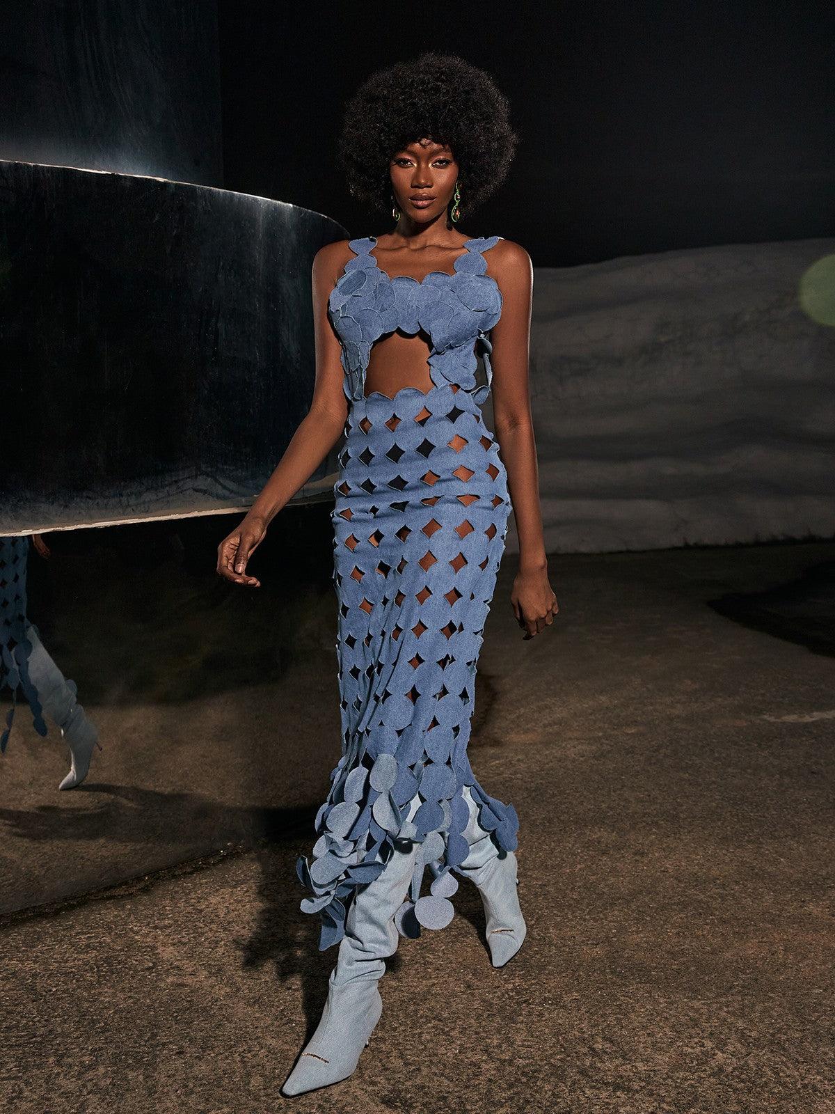 Nyx Circle Cutout Fringe Denim Maxi Dress