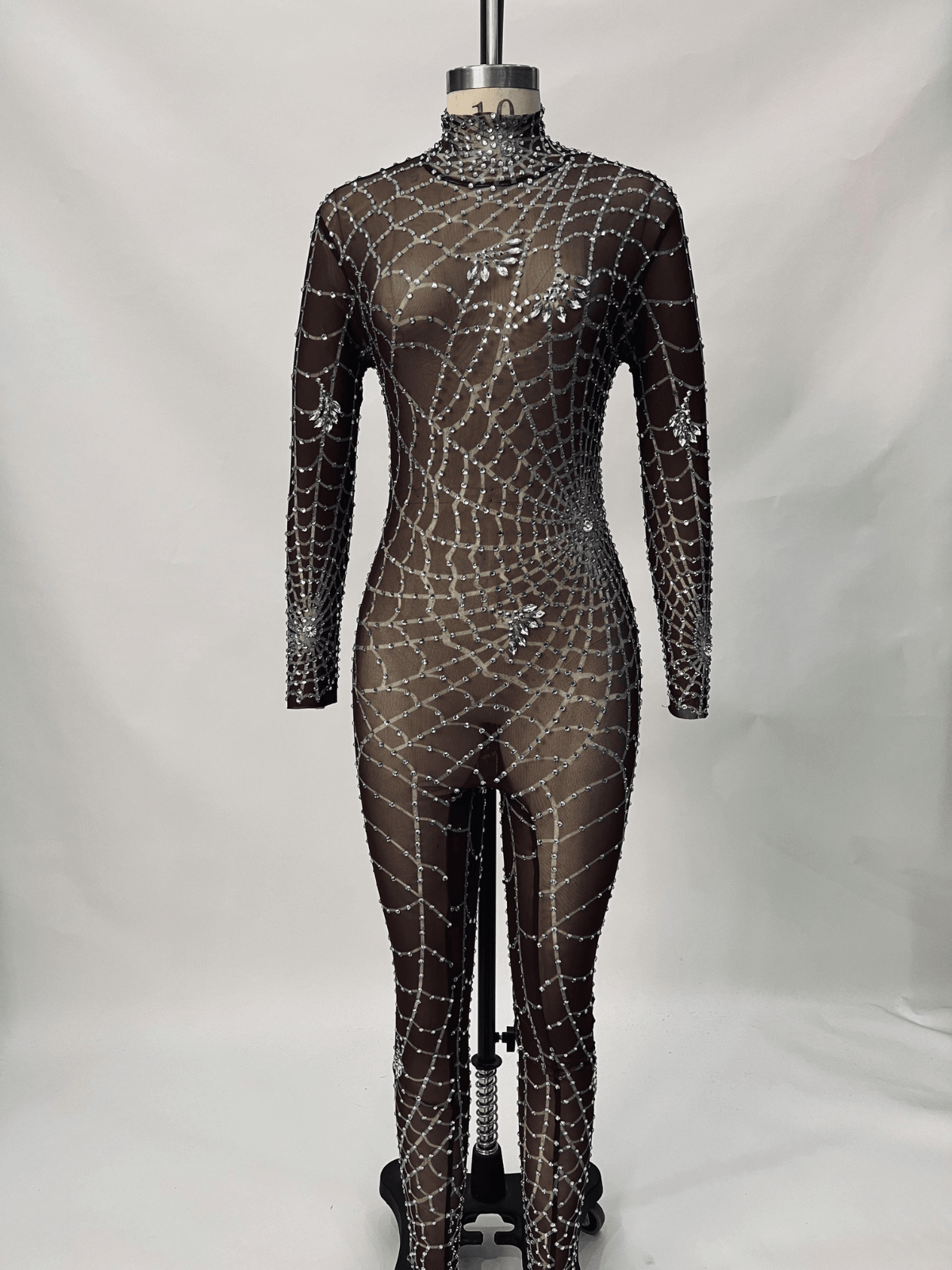 Octavia Cobweb Print Embellished Jumpsuit In Chocolate