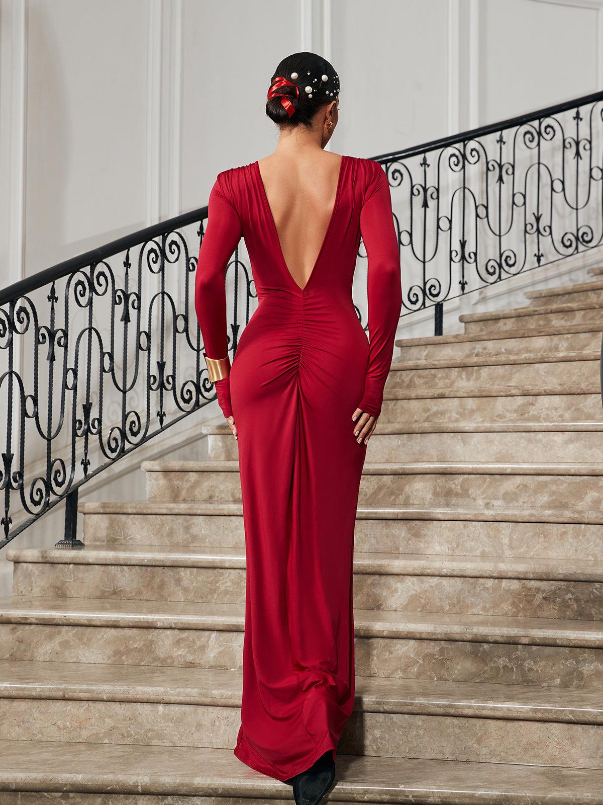 Ofir V Neck Ruched Maxi Dress In Wine