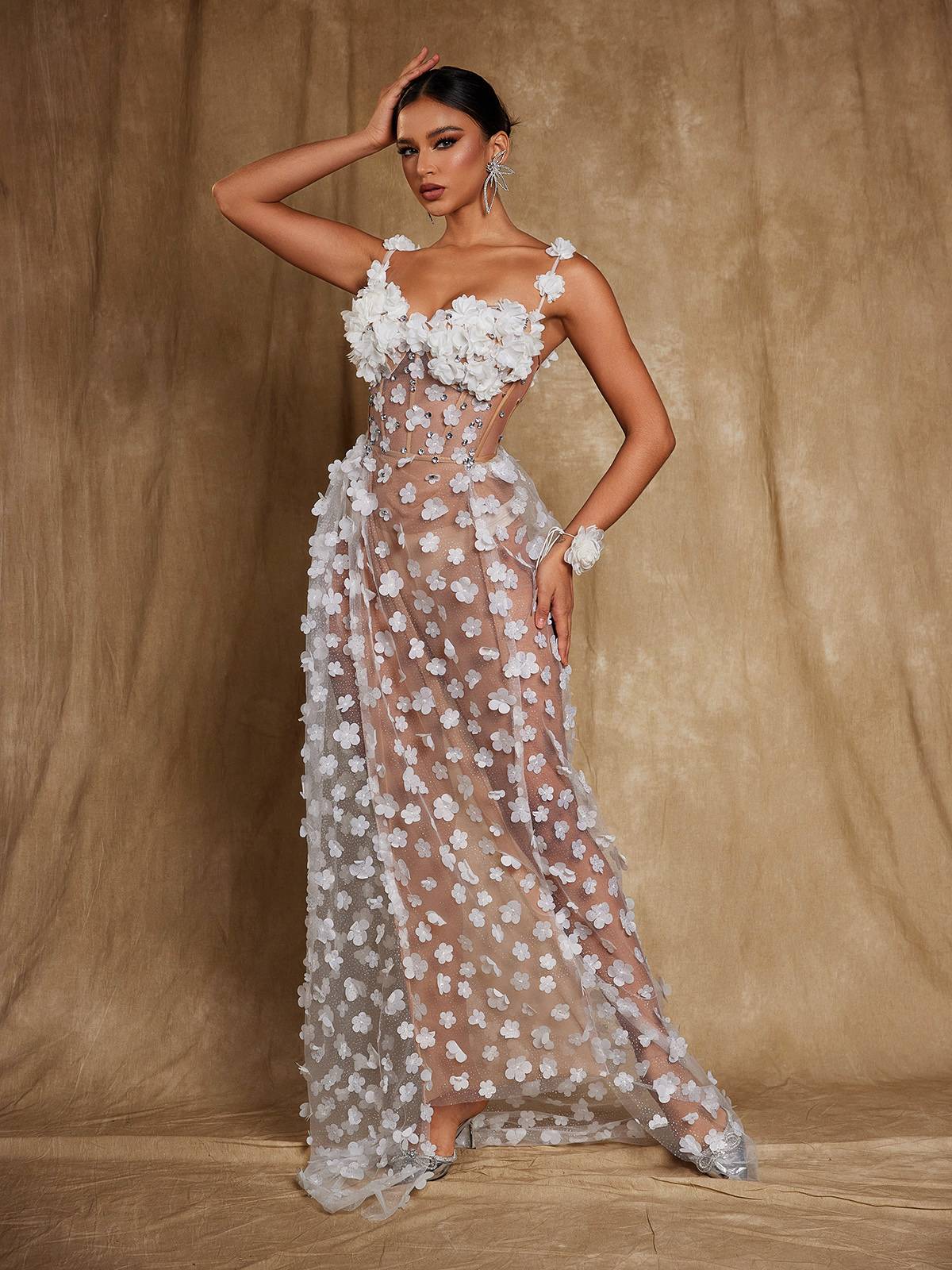 Oksana Spaghetti Flower Corset Maxi Dress In White