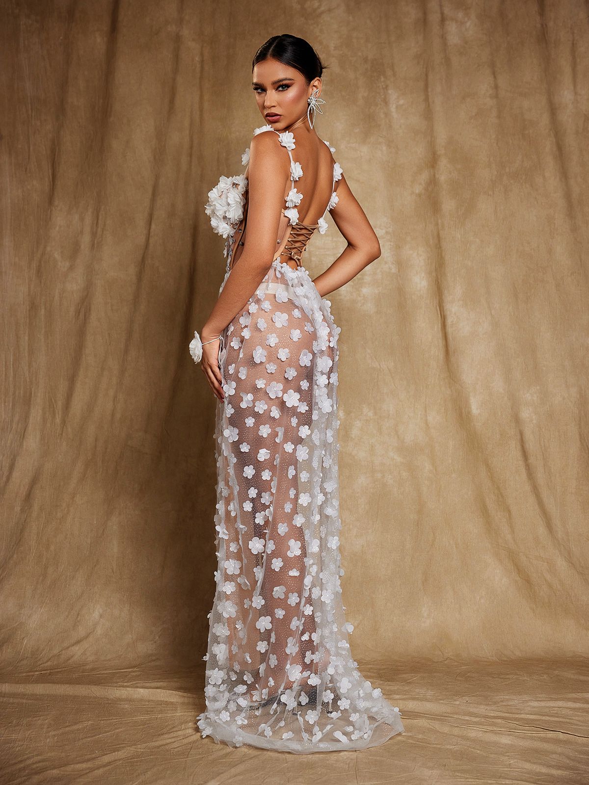 Oksana Spaghetti Flower Corset Maxi Dress In White