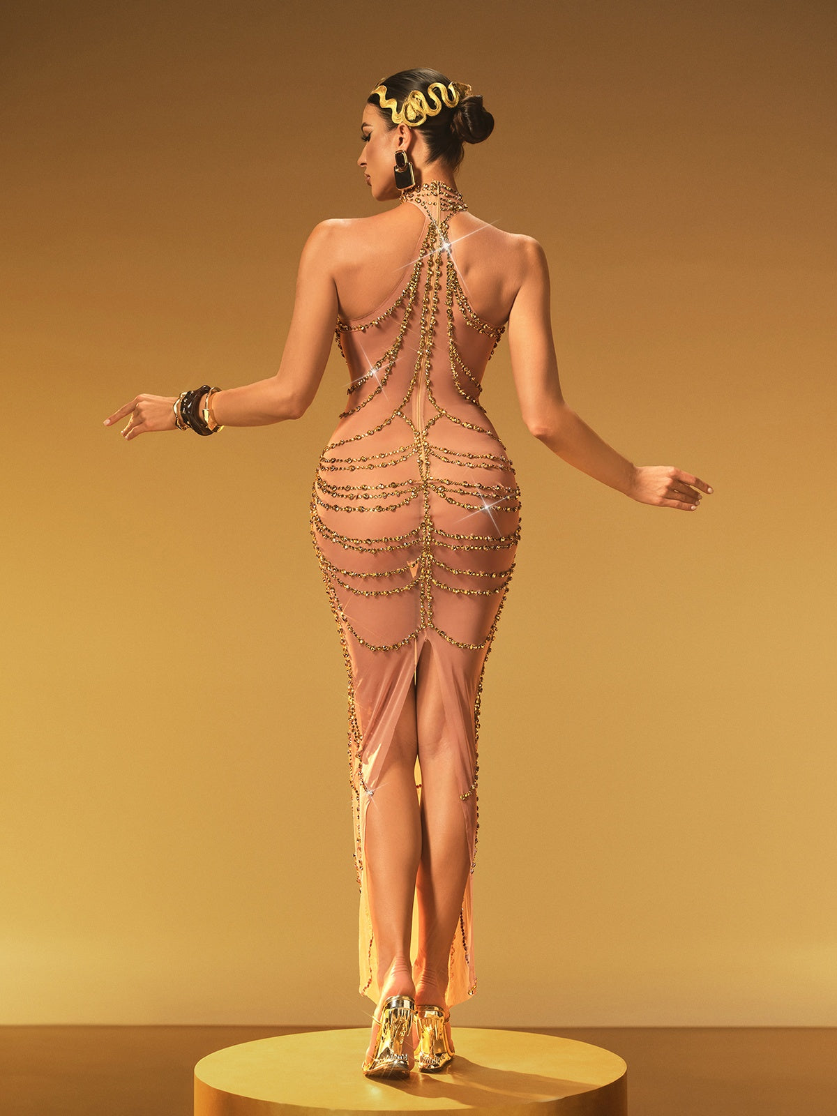 Olisa Halterneck Rhinestone Maxi Dress In Nude