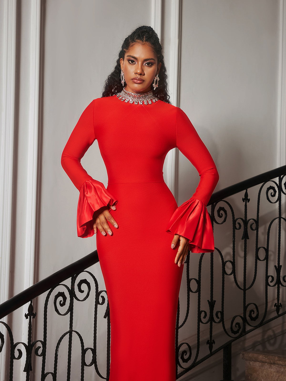 Omer Rhinestone Bandage Dress In Red