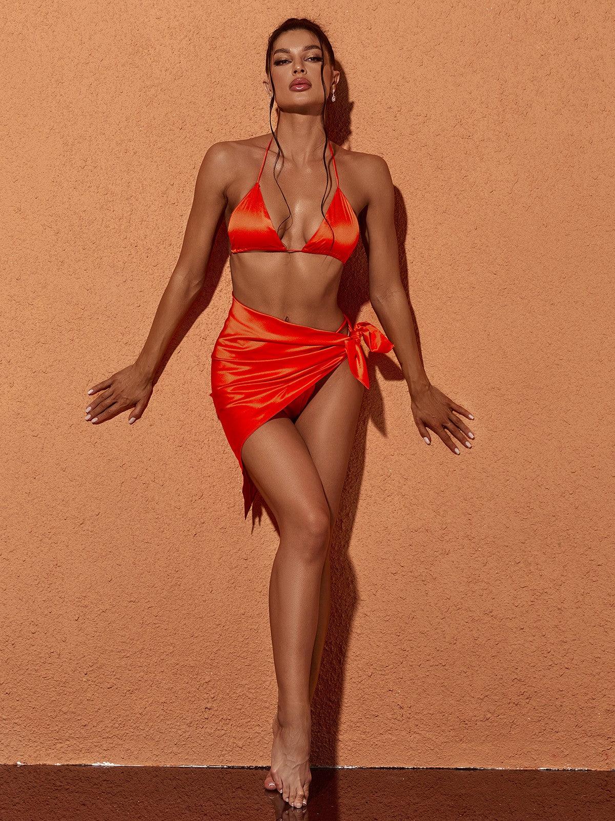 Orelia Satin Bikini Three Piece Set In Orange