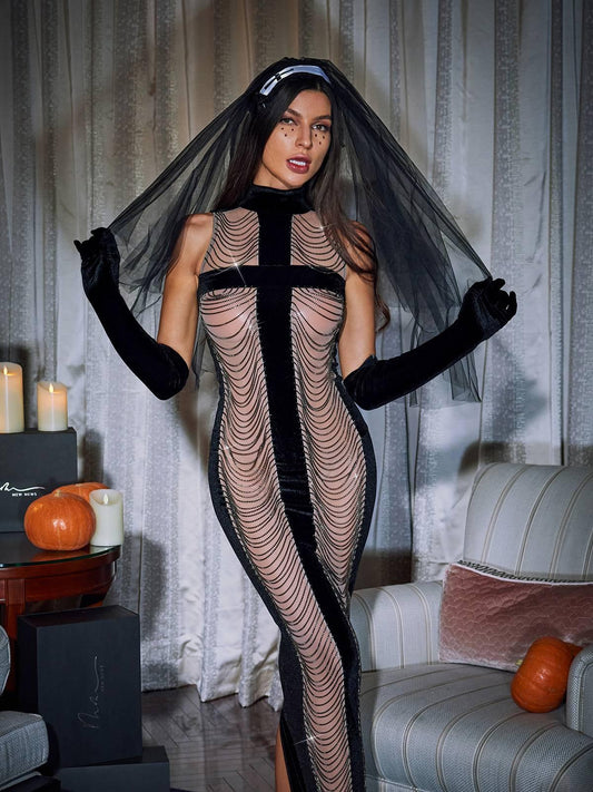 Pablo High Neck Chain Fringe Maxi Dress With Gloves In Black