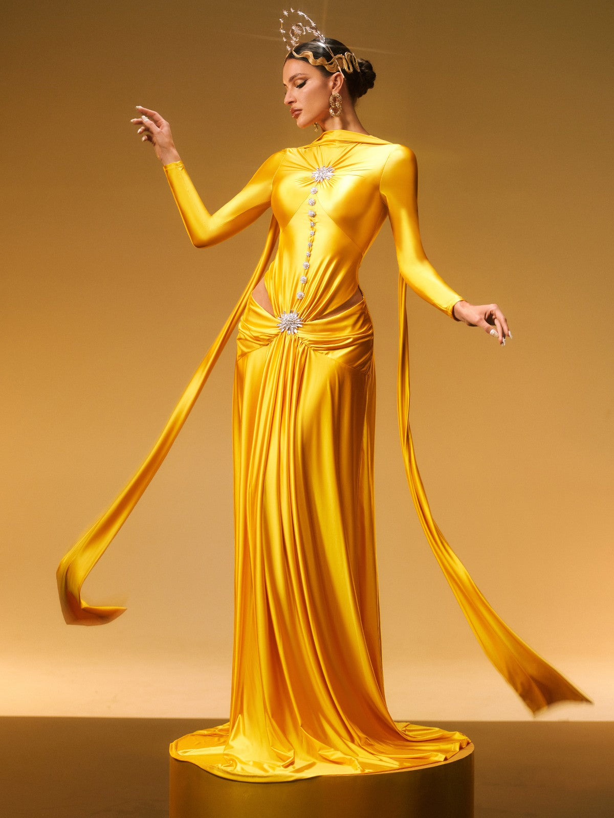 Panya Long Sleeve Crystal Satin Maxi Dress