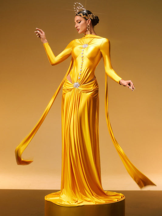 Panya Long Sleeve Crystal Satin Maxi Dress