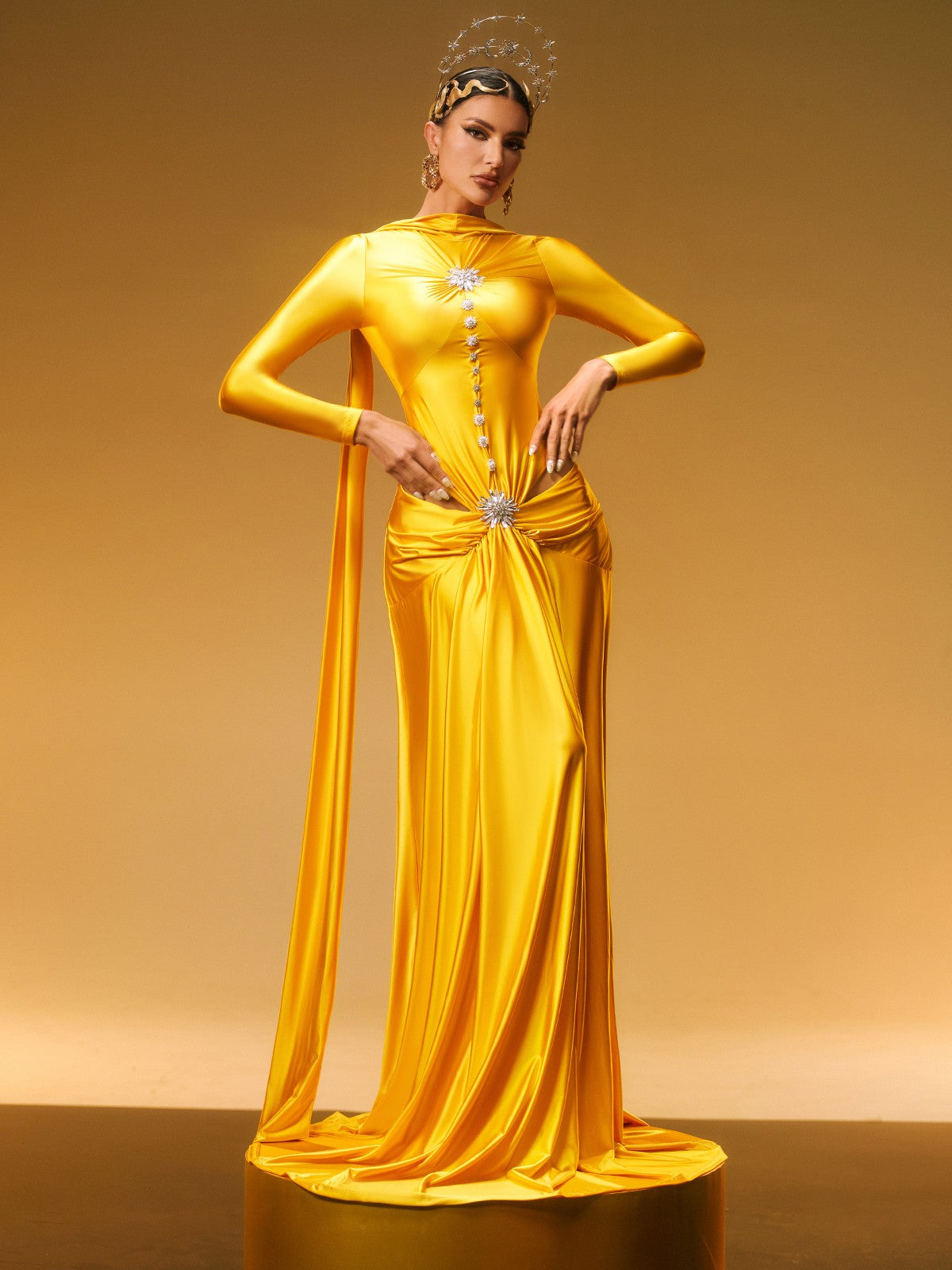 Panya Long Sleeve Crystal Satin Maxi Dress