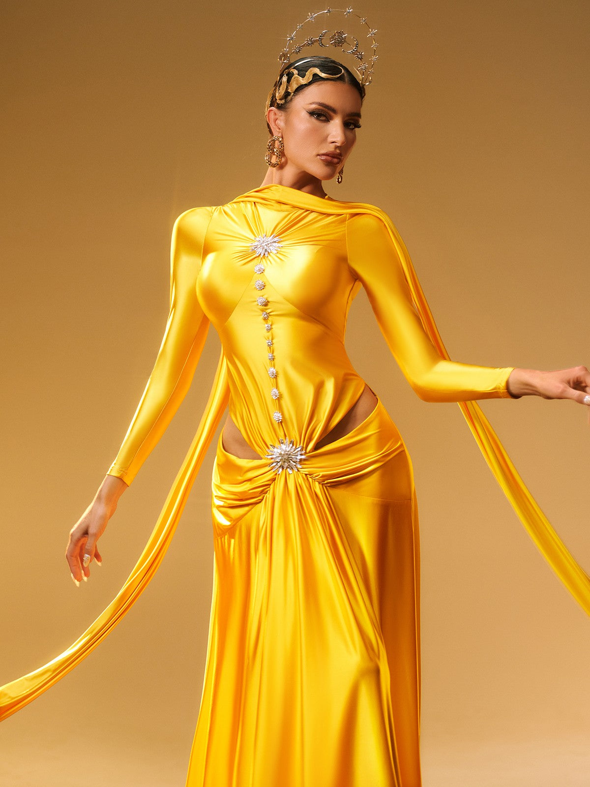 Panya Long Sleeve Crystal Satin Maxi Dress