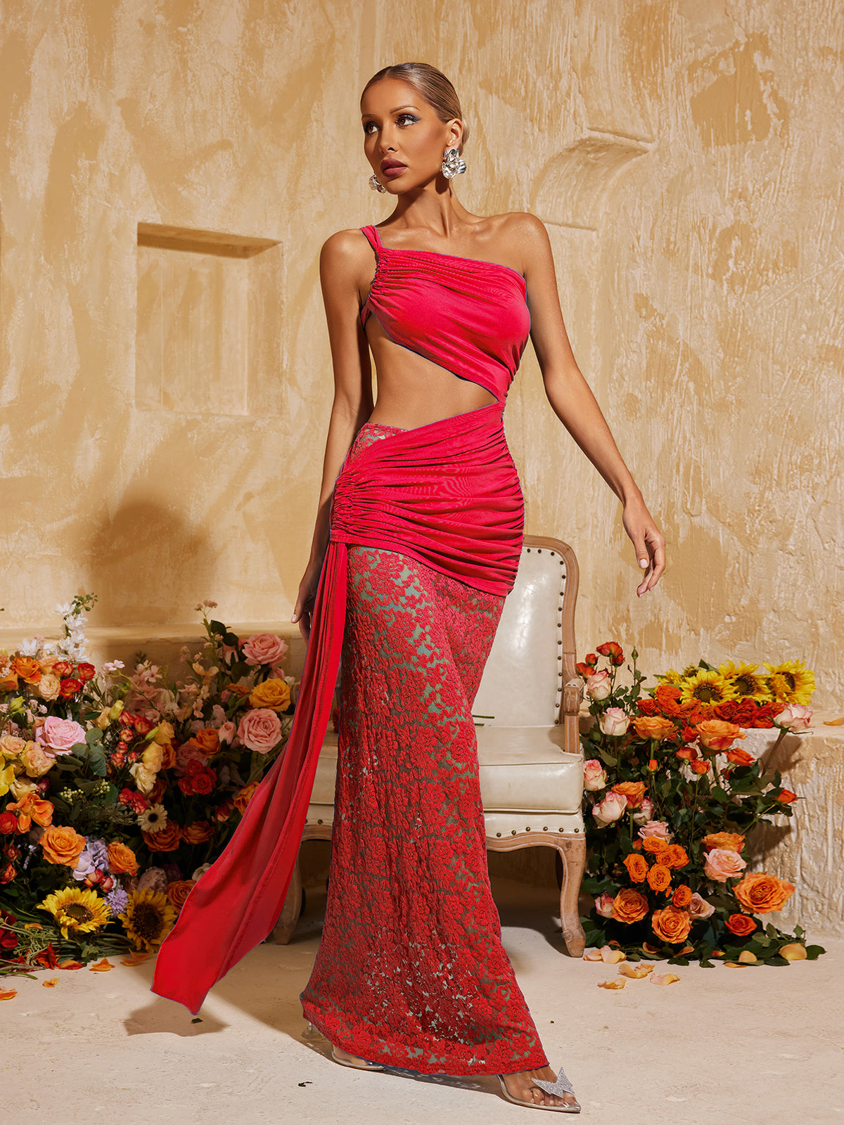 Phelia Cutout Lace Draped Maxi Dress In Red