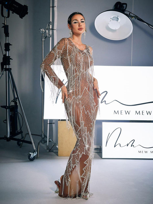 Quentin Printed Rhinestone Fringe Maxi Dress