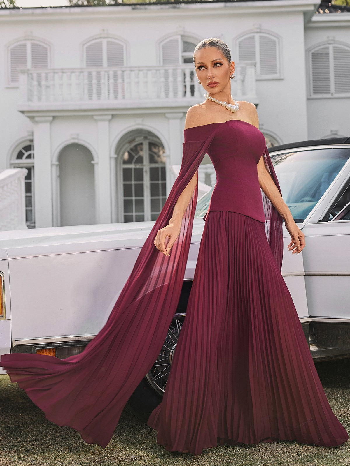 Qyressa Off Shoulder Pleated Maxi Dress