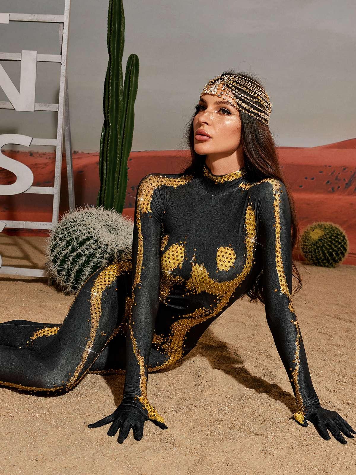 Radek Body Printed Rhinestone Gloves Jumpsuit In Gold