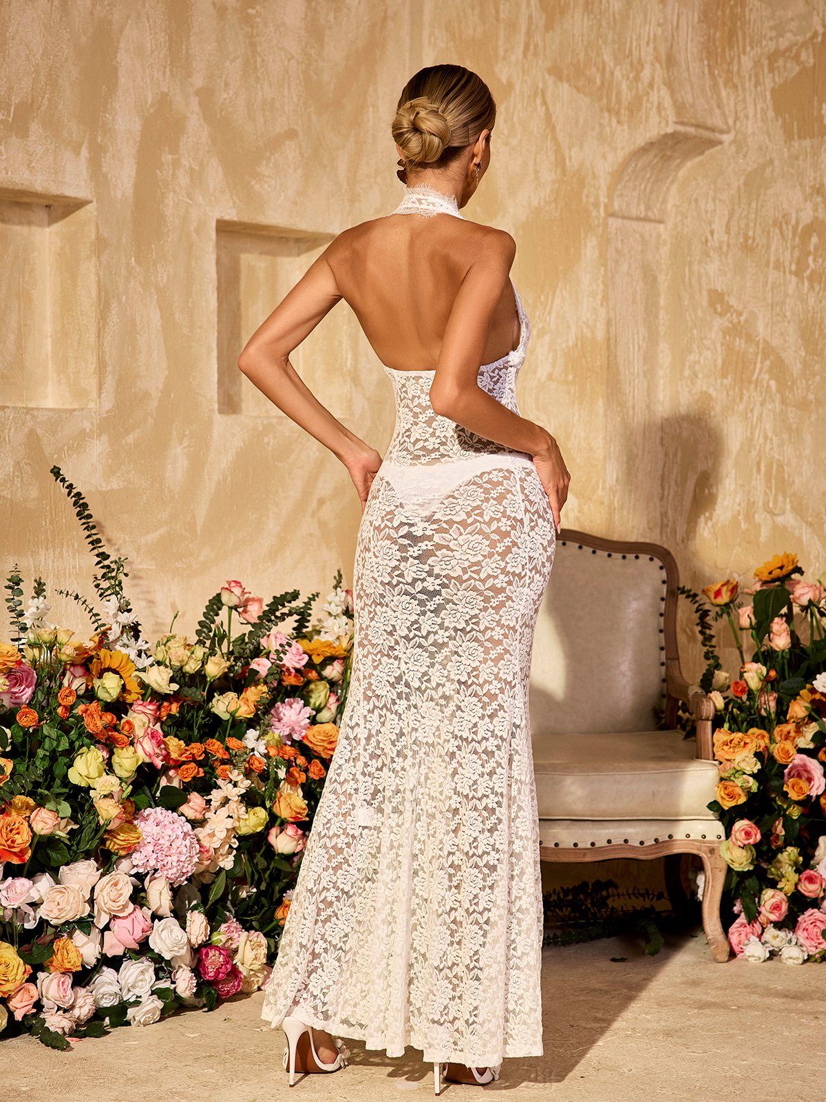 Ravhyx Halterneck Cutout Lace Maxi Dress