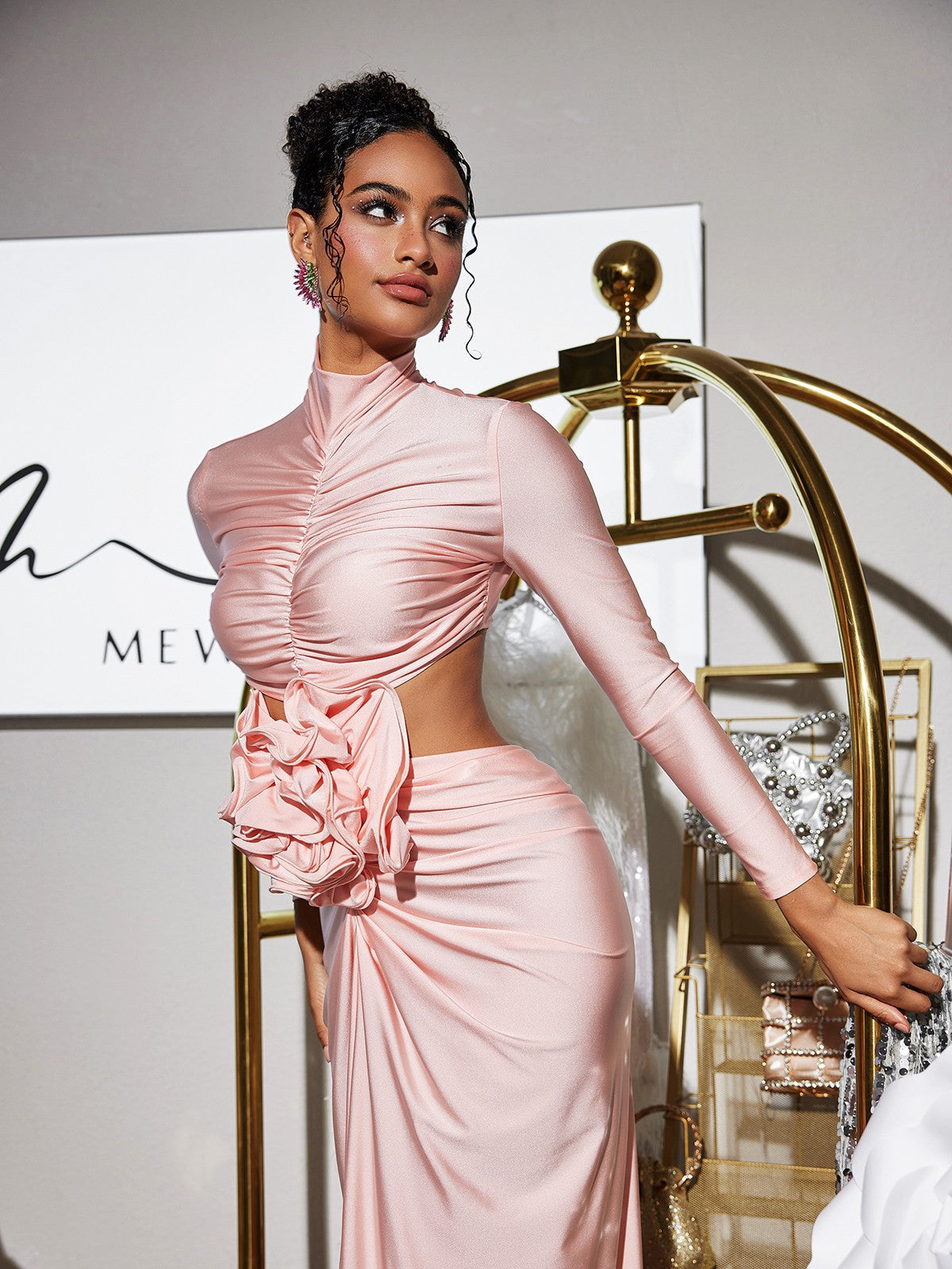 Renwick Long Sleeve Flower Cutout Maxi Dress In Pink