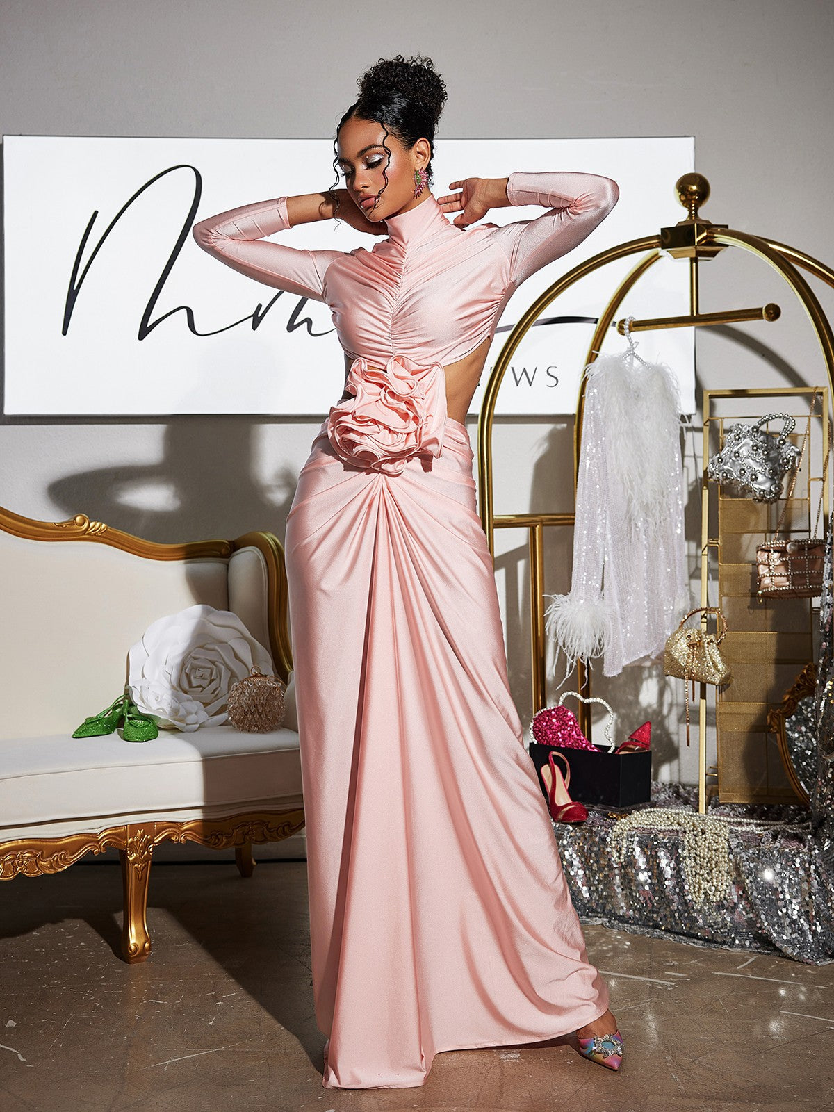 Renwick Long Sleeve Flower Cutout Maxi Dress In Pink