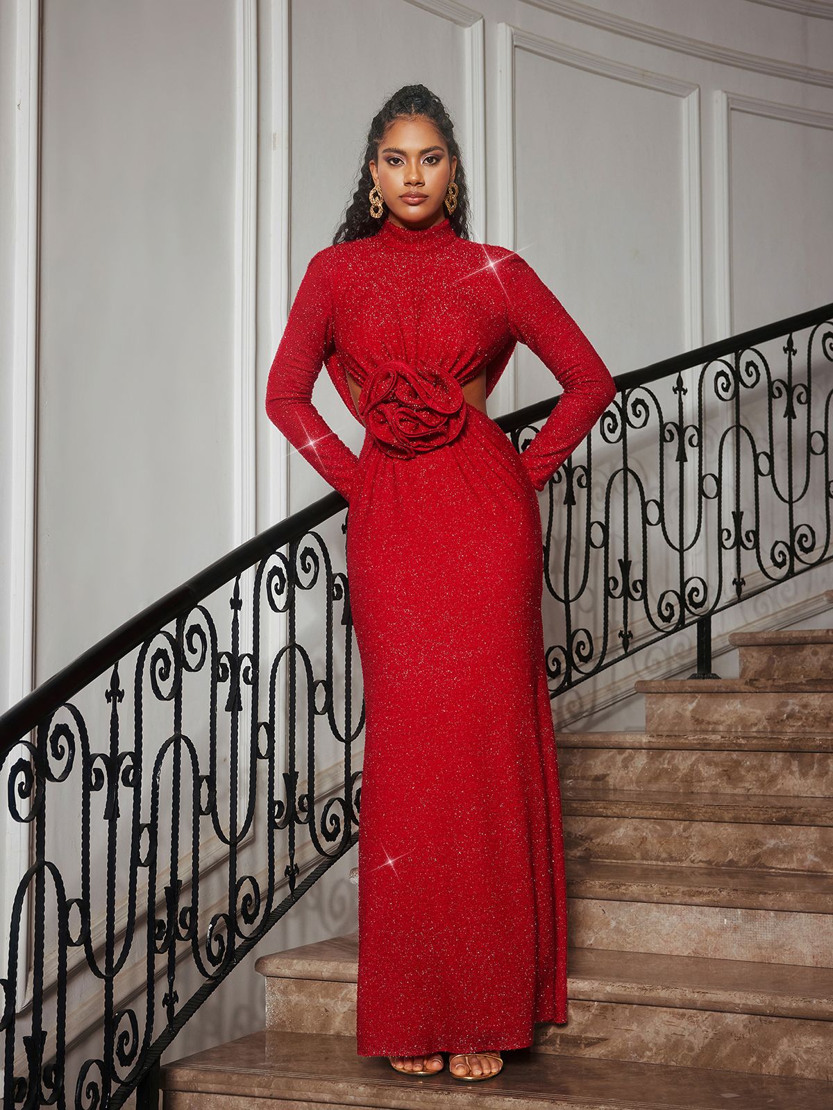 Renwick Long Sleeve Glitter Flower Cutout Dress