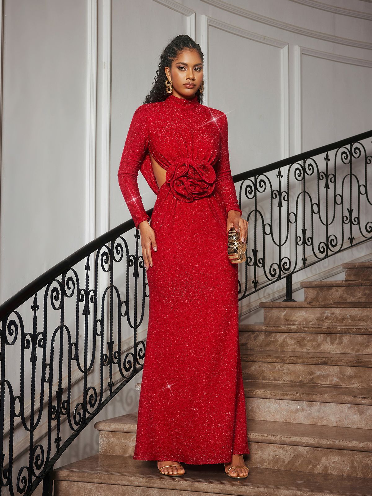 Renwick Long Sleeve Glitter Flower Cutout Dress