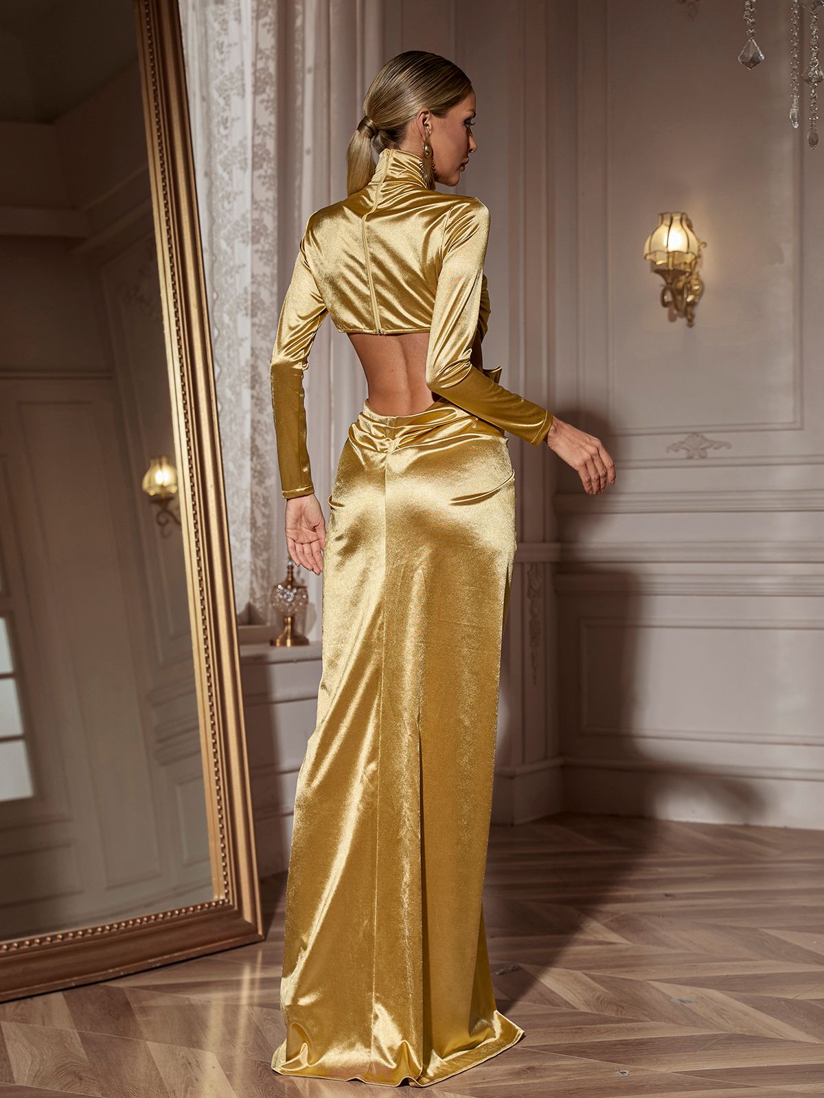 Renwick Long Sleeve Flower Cutout Maxi Dress In Gold