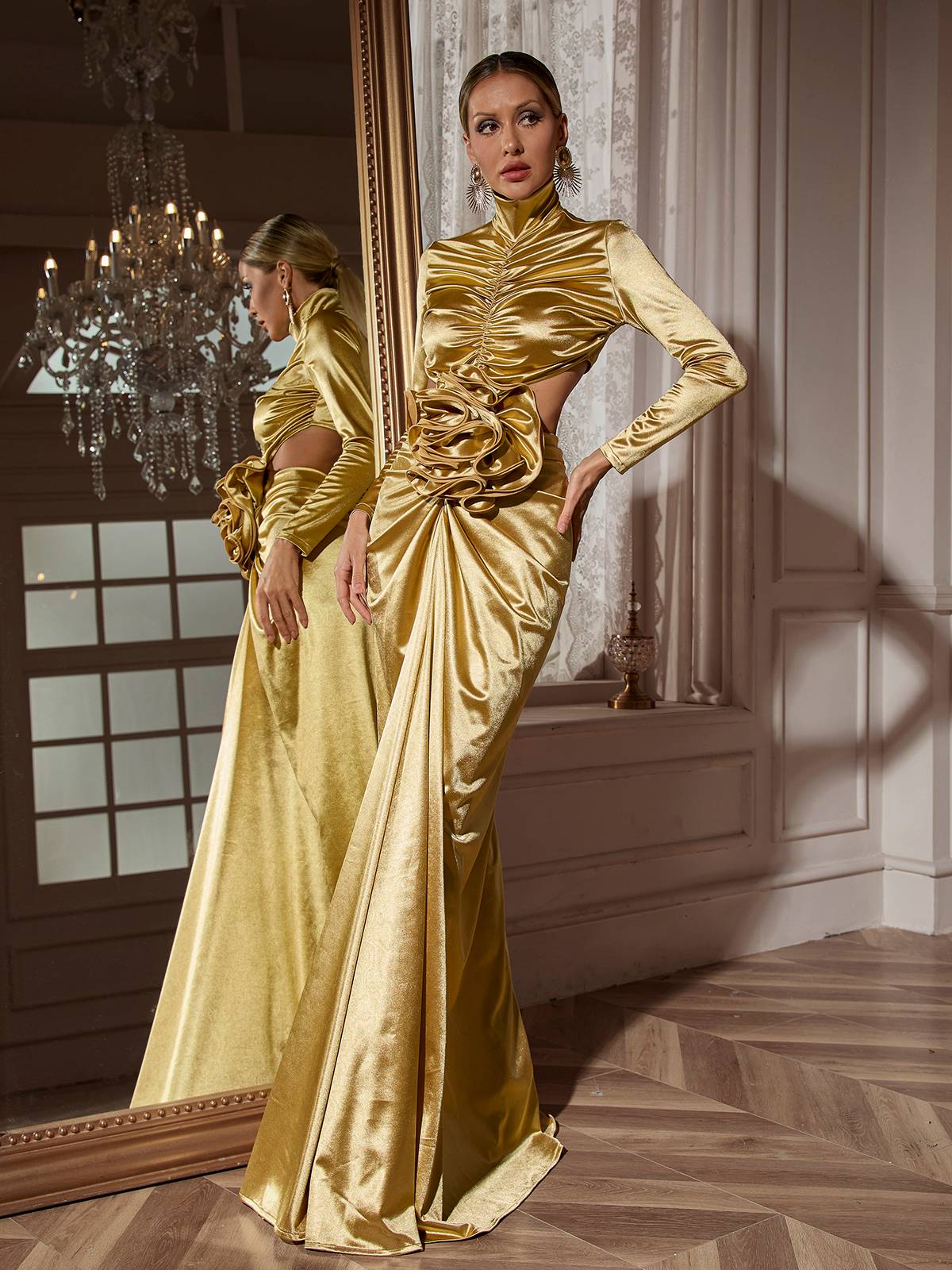 Renwick Long Sleeve Flower Cutout Maxi Dress In Gold