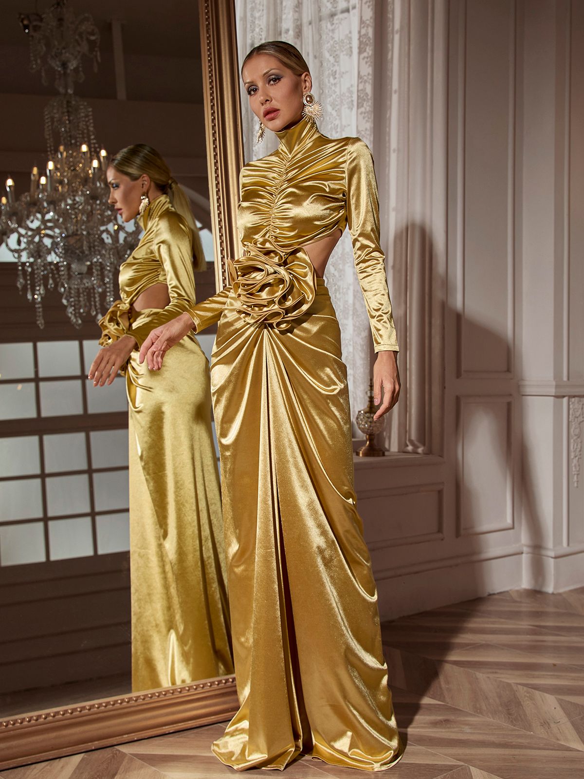 Renwick Long Sleeve Flower Cutout Maxi Dress In Gold