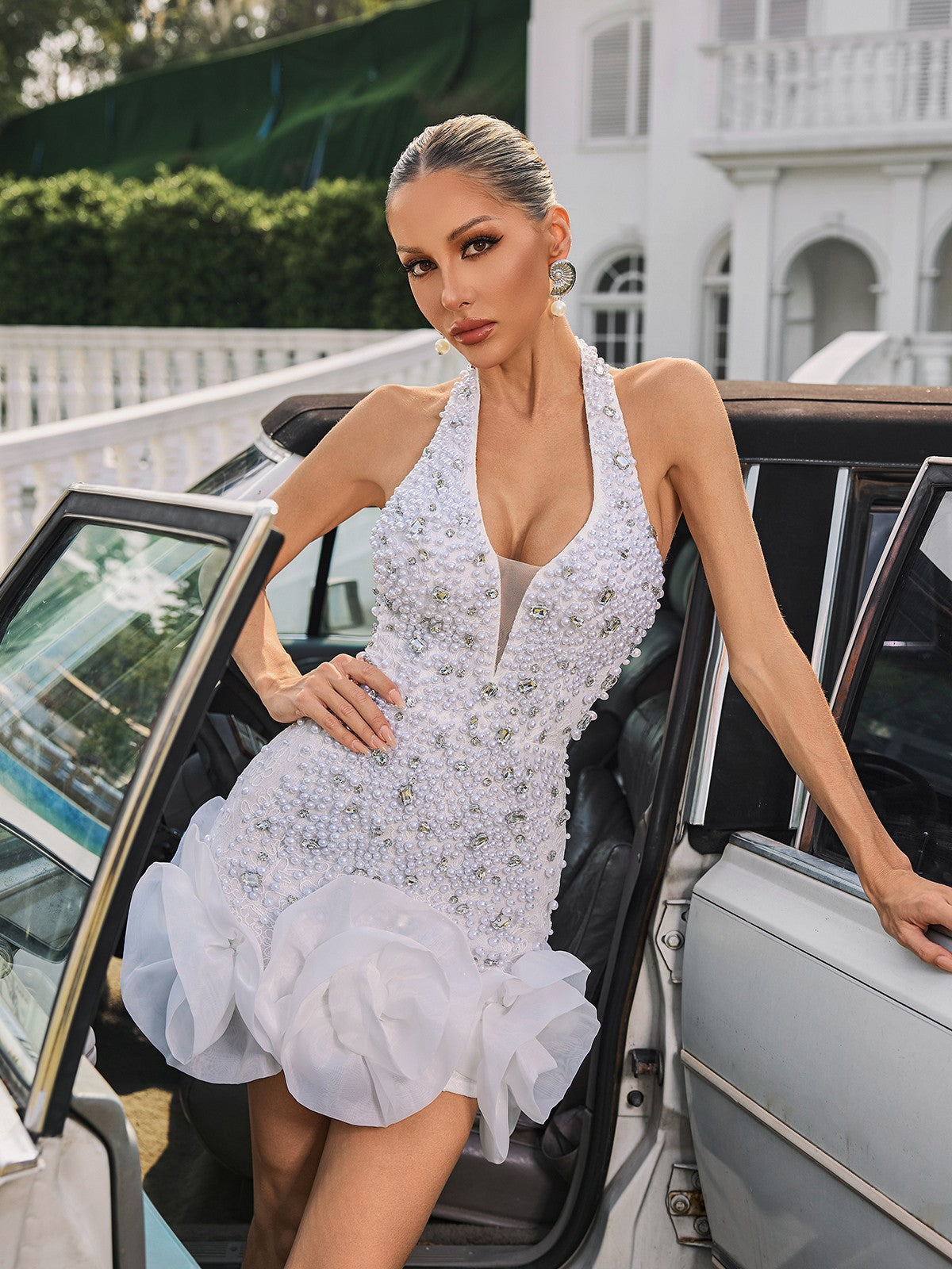 Rhydian Halterneck Pearl Flower Mini Dress