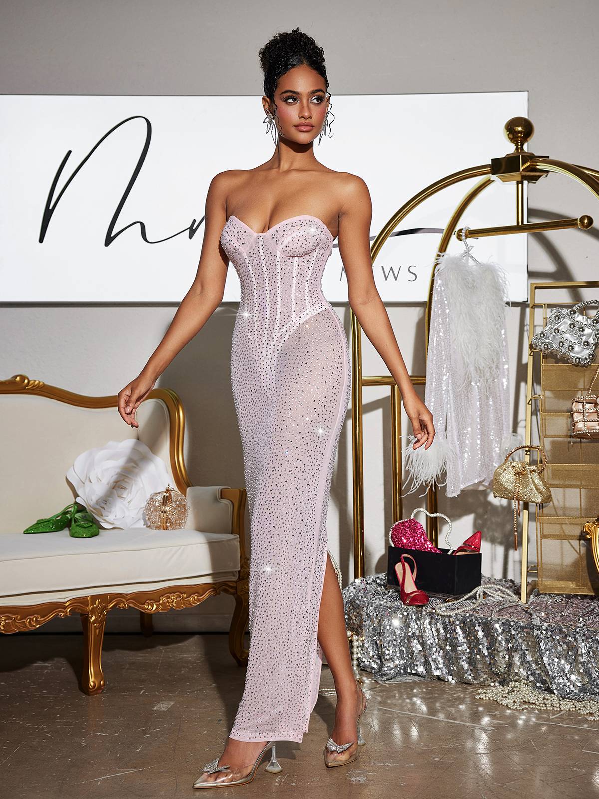 Roanya Strapless Rhinestone Corset Maxi Dress