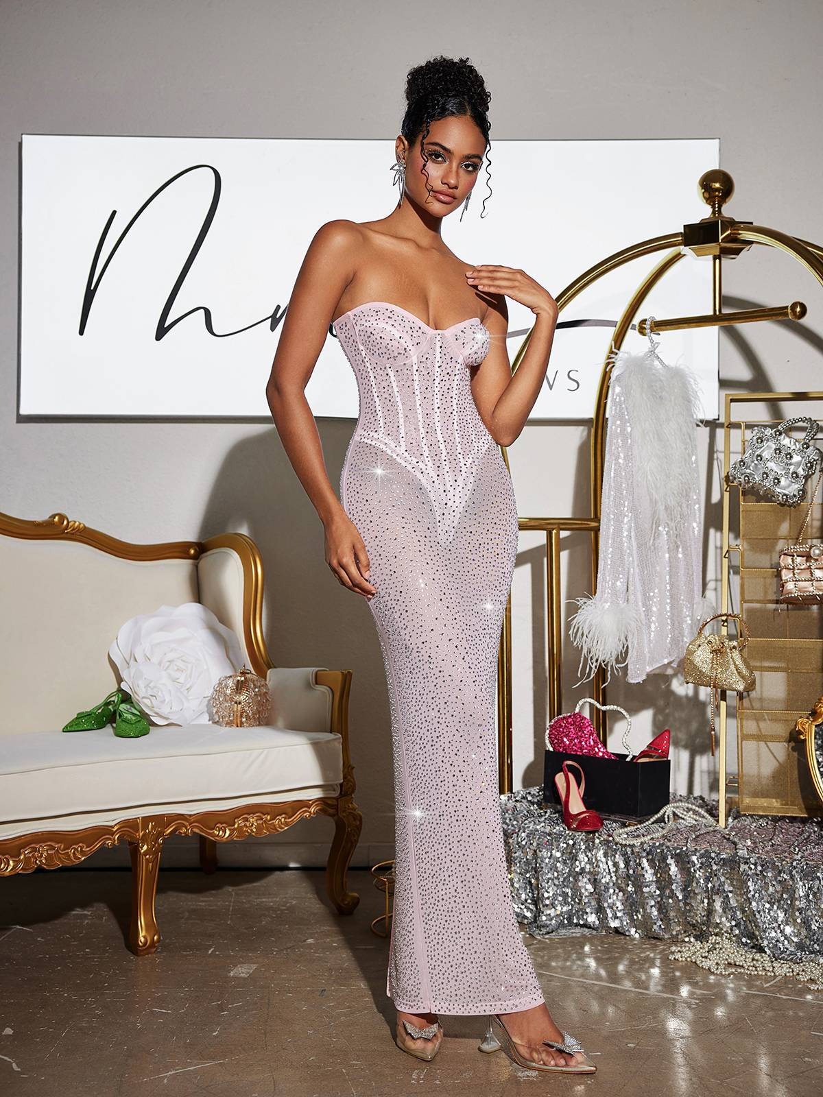 Roanya Strapless Rhinestone Corset Maxi Dress