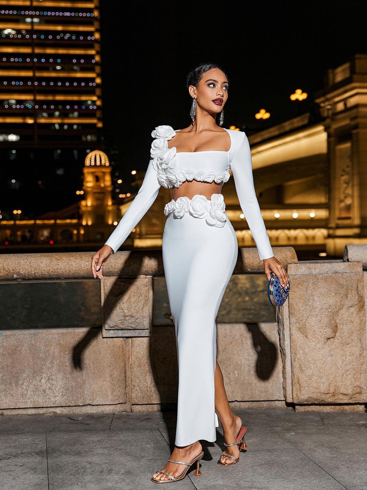 Rufus Flower Bandage Skirt Set In White