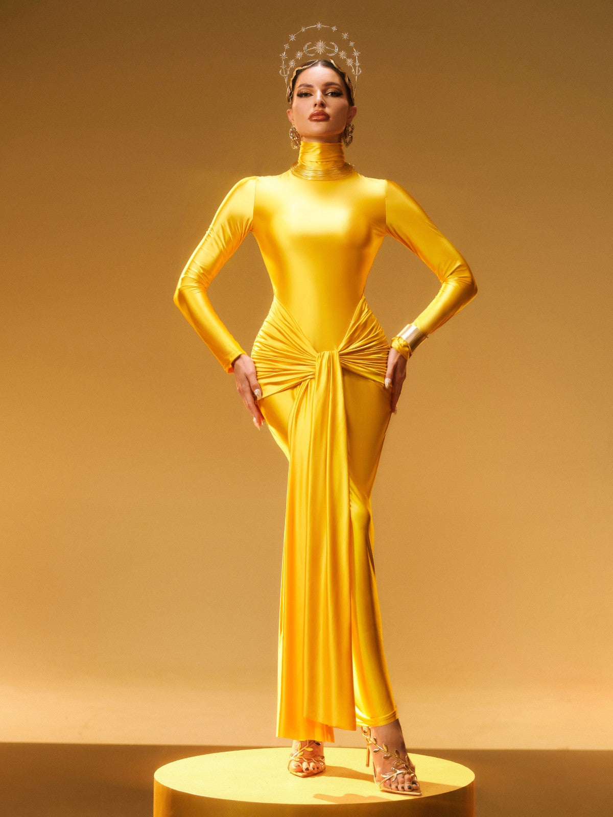 Rumaysa Long Sleeve Twisted Maxi Dress In Gold