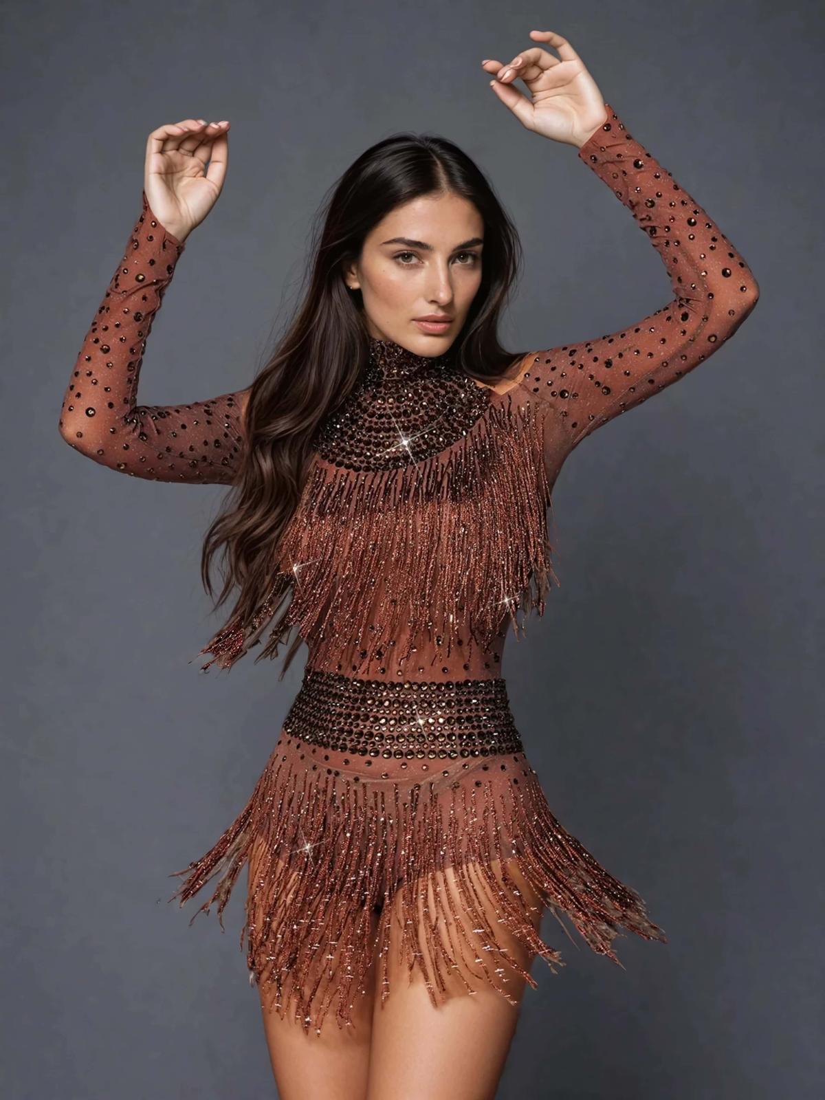 Safa Rhinestone Glitter Fringe Bodysuit