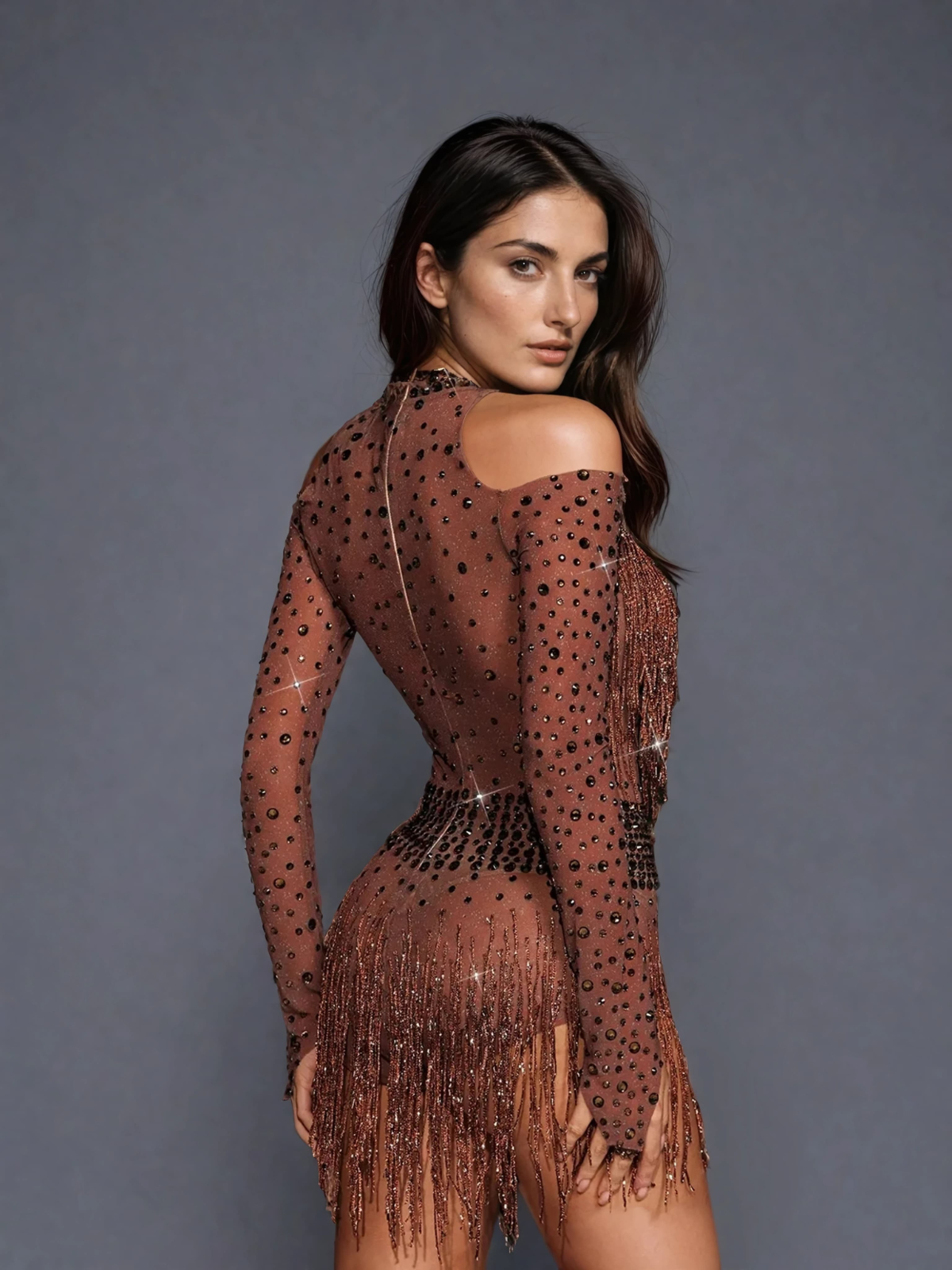 Safa Rhinestone Glitter Fringe Bodysuit