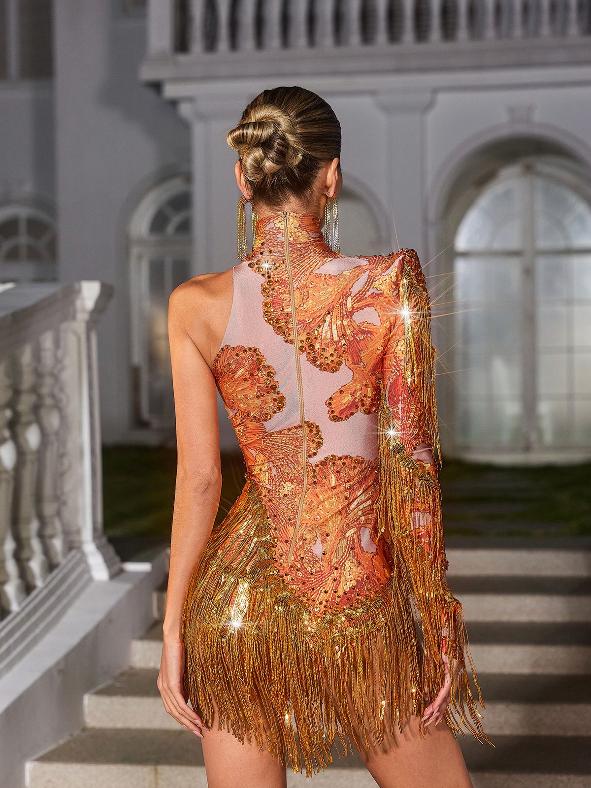 Shatora One Shoulder Rhinestone Fringe Bodysuit In Orange