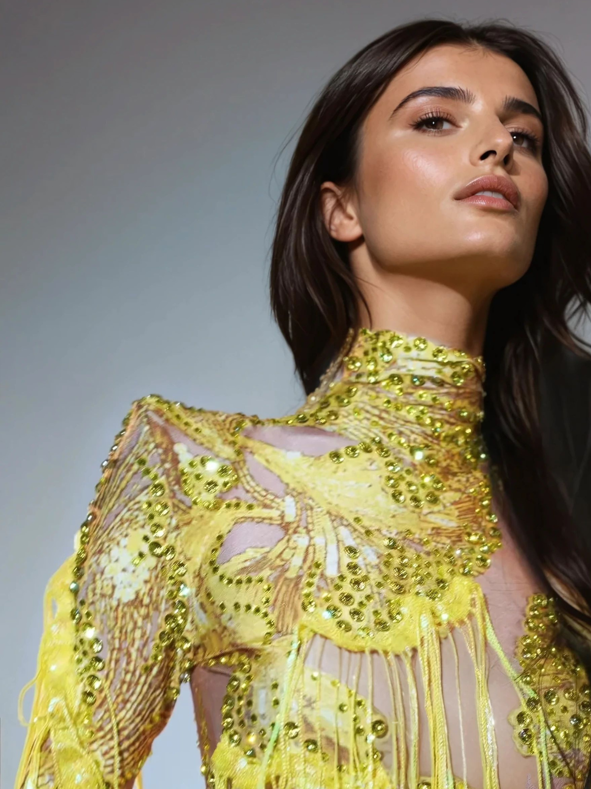 Shatora One Shoulder Rhinestone Fringe Bodysuit In Yellow