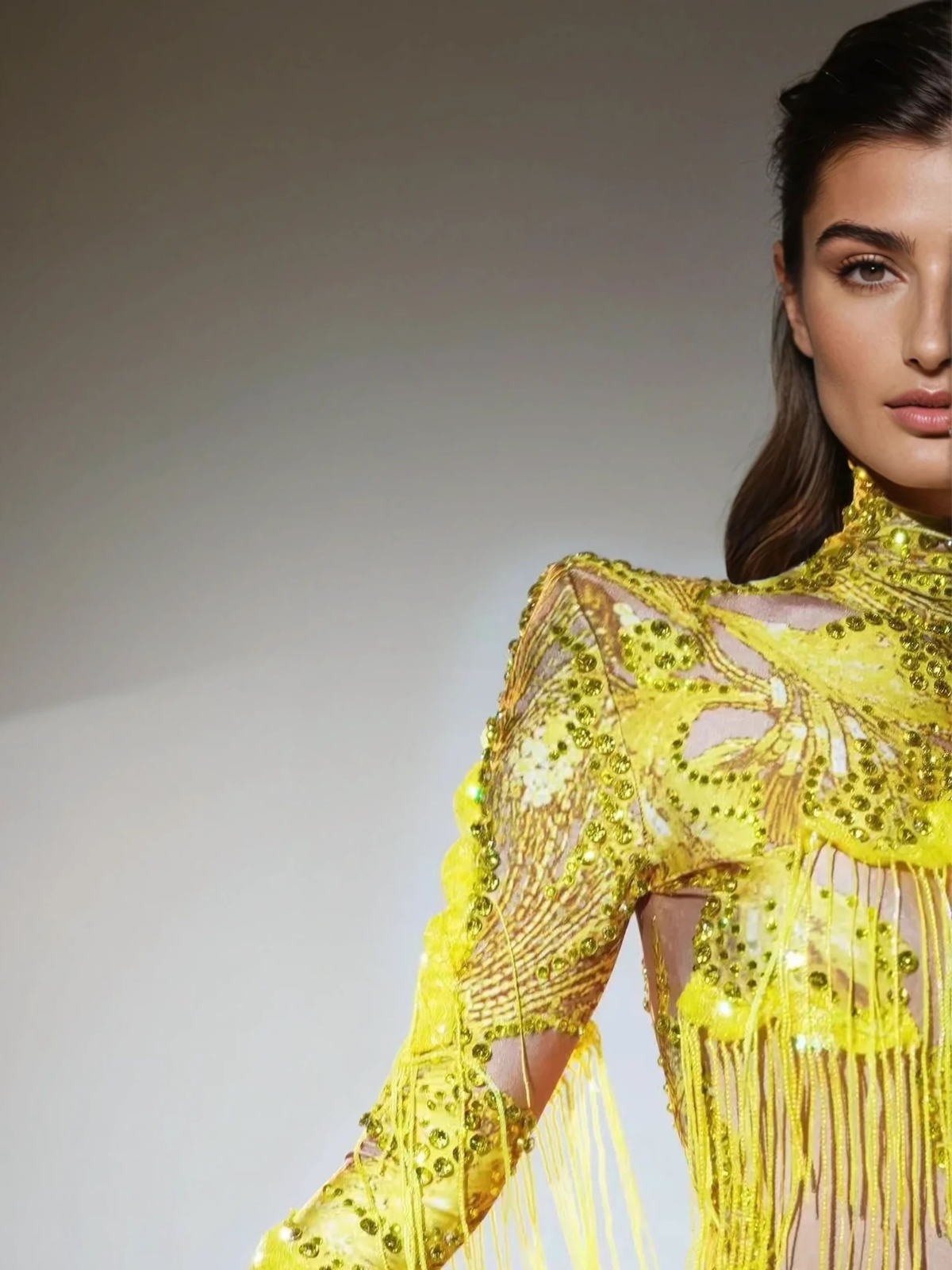 Shatora One Shoulder Rhinestone Fringe Bodysuit In Yellow