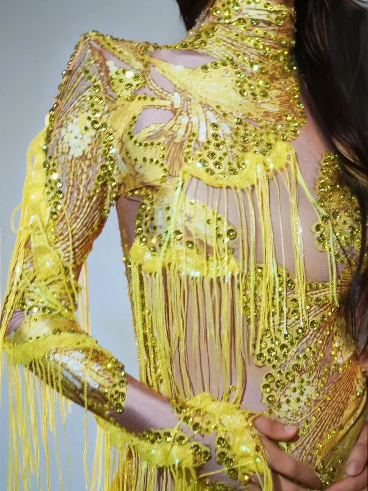 Shatora One Shoulder Rhinestone Fringe Bodysuit In Yellow