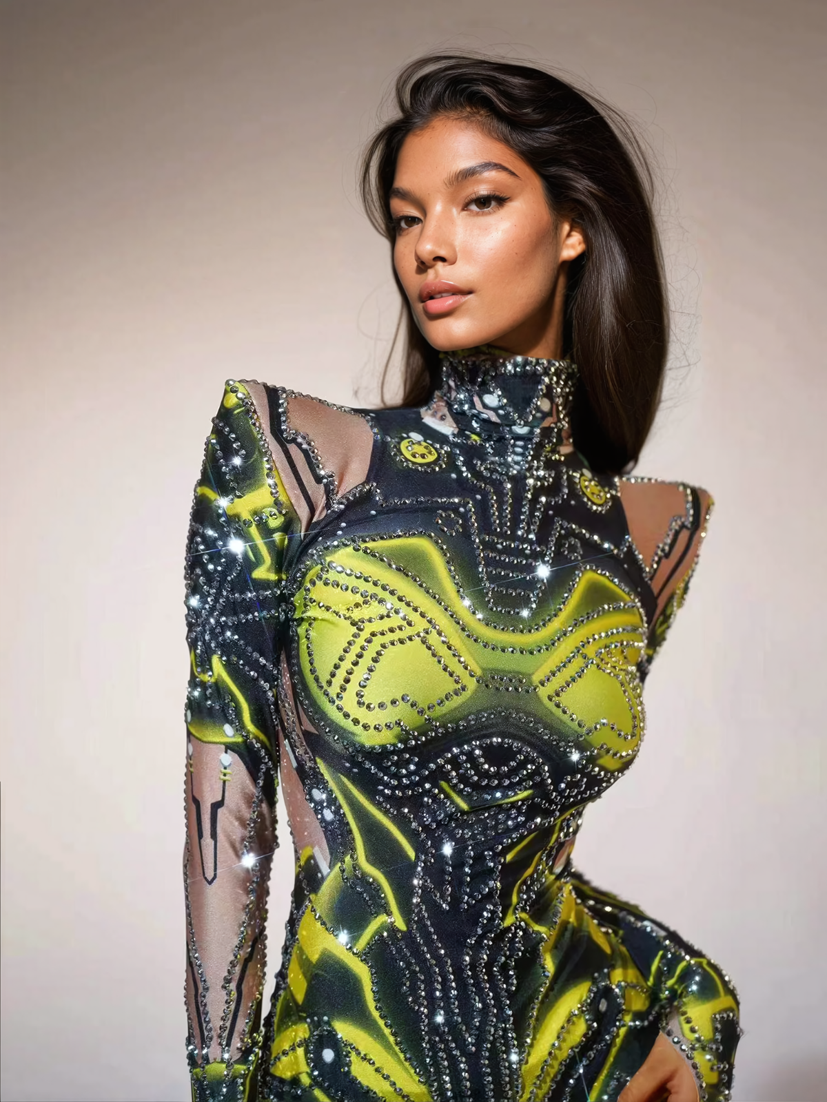 Shatoya Long Sleeve Rhinestone Printed Bodysuit