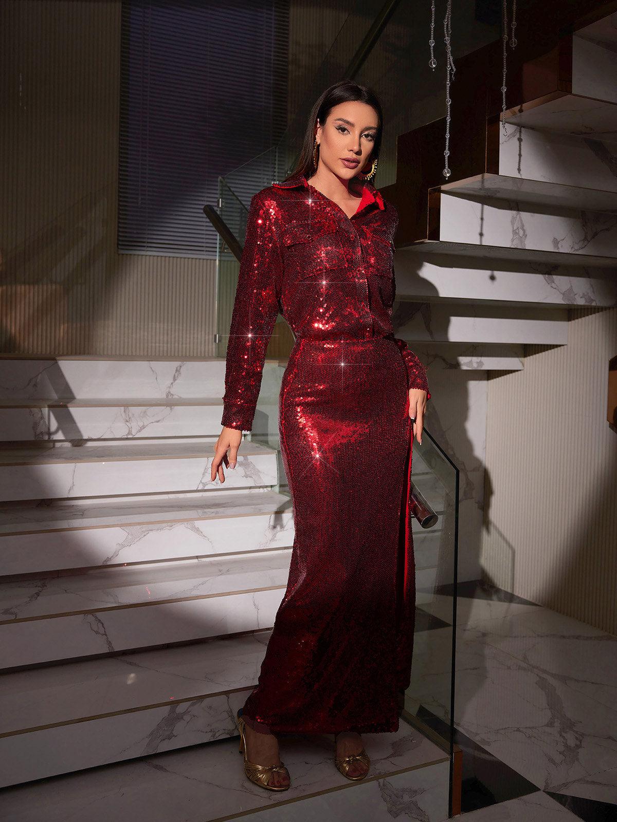 Solstice Sequin Button Shirt Split Skirt Set In Red