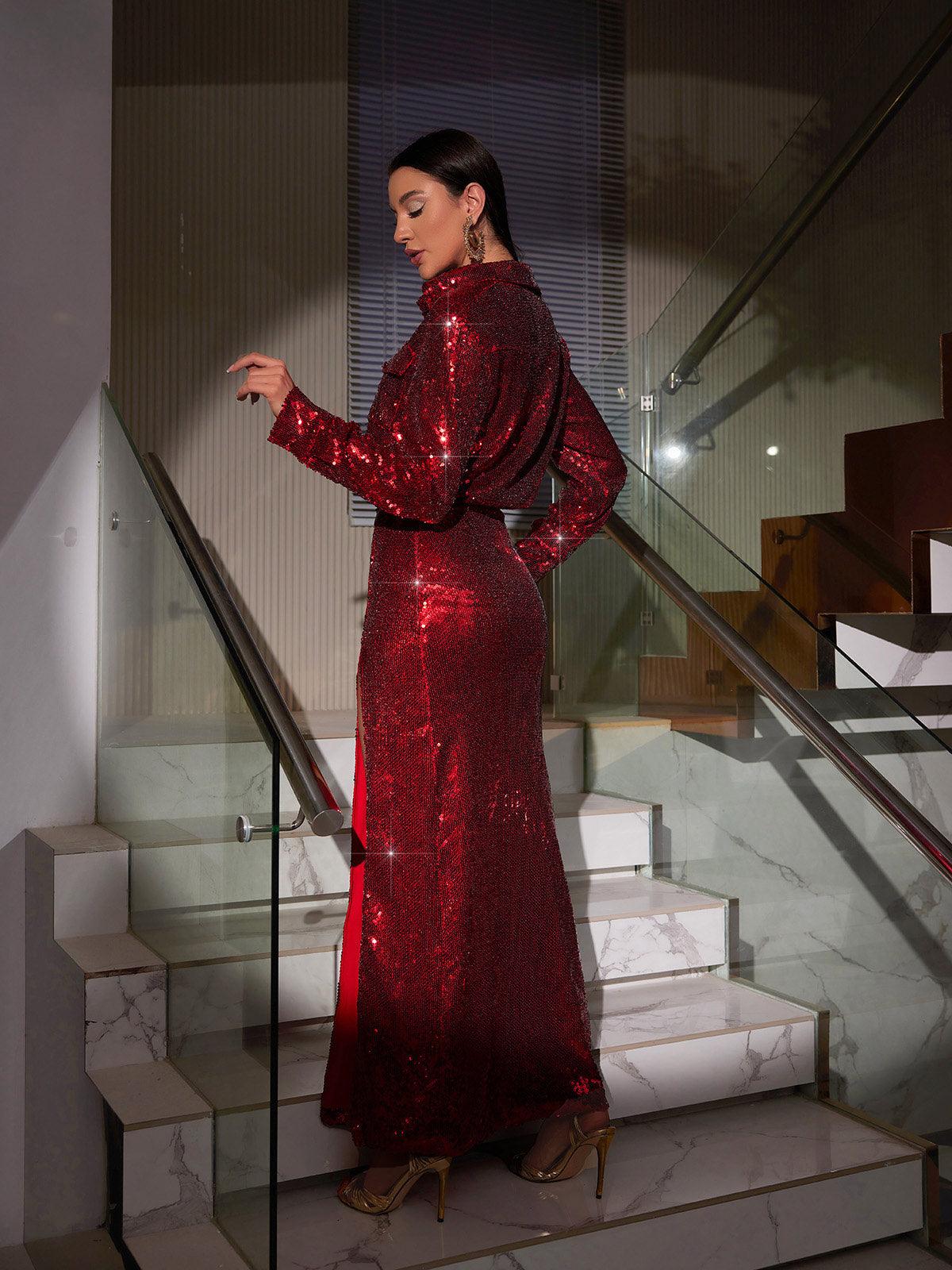 Solstice Sequin Button Shirt Split Skirt Set In Red