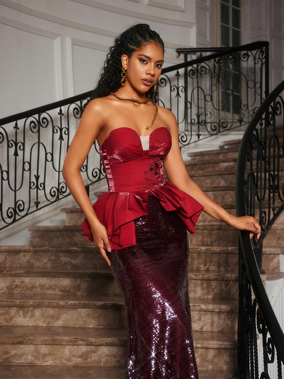 Soni Strapless Floral Sequin Maxi Dress