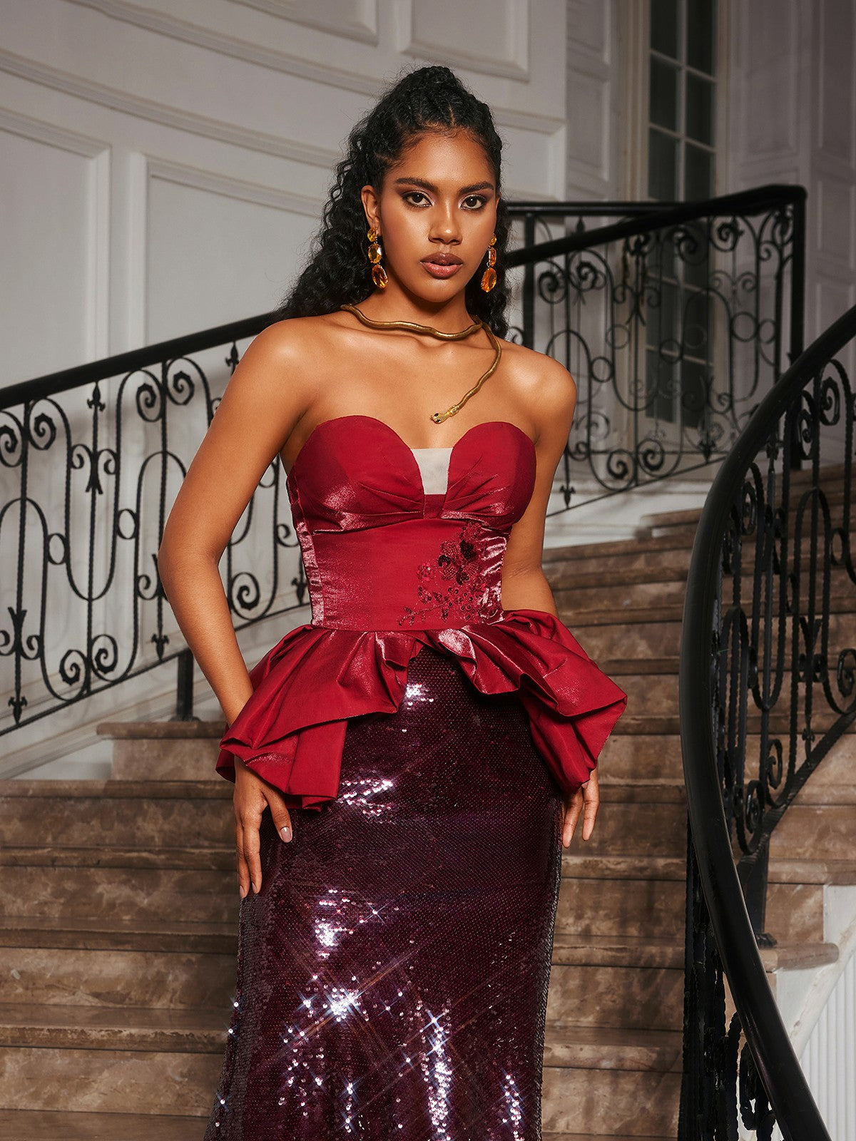 Soni Strapless Floral Sequin Maxi Dress