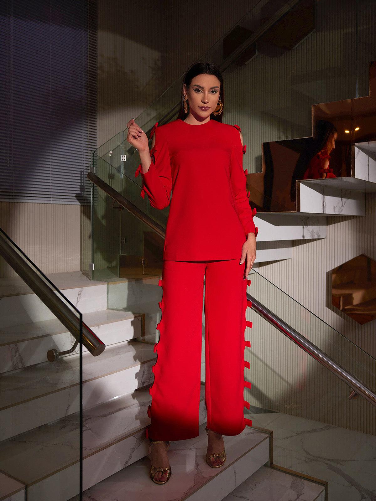 Sunni Long Sleeve Bow Cutout Pants Set