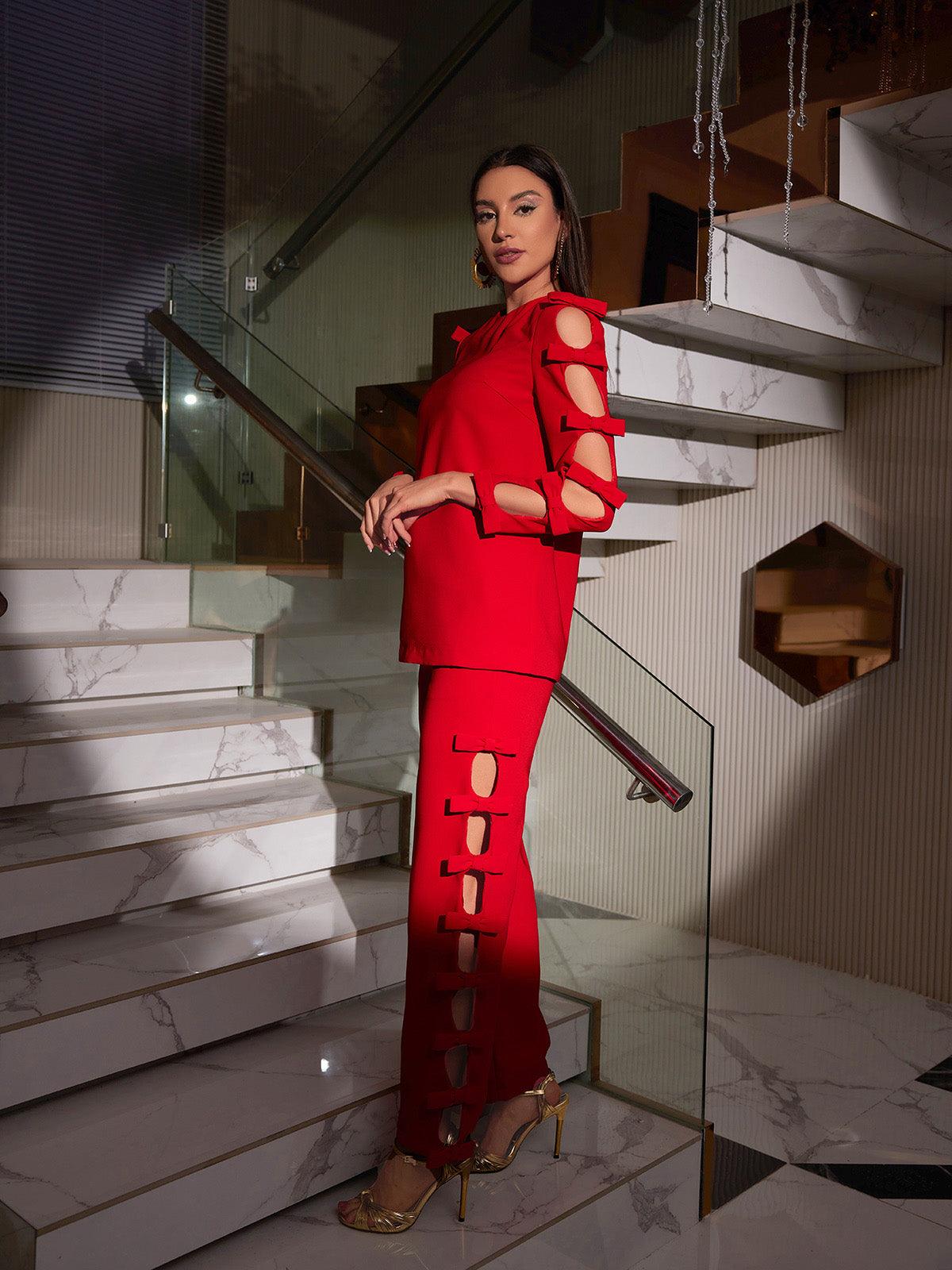 Sunni Long Sleeve Bow Cutout Pants Set