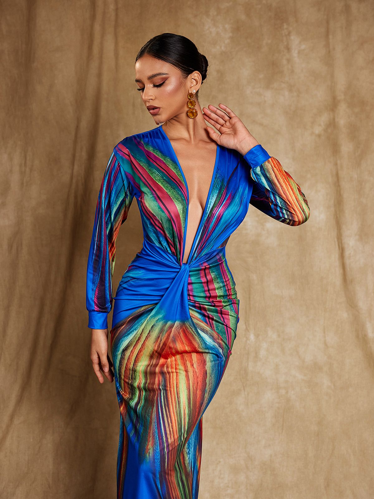 Suzanne V Neck Printed Satin Midi Dress