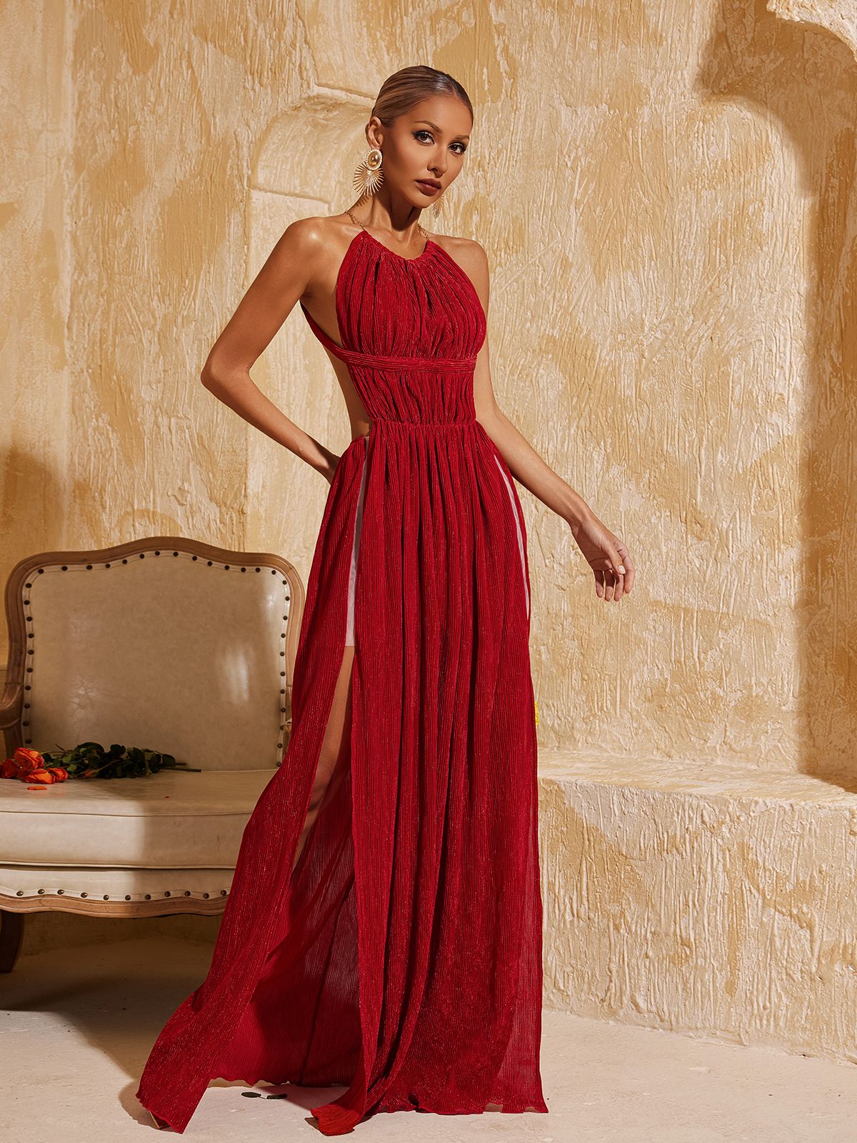 Tahlia Backless Glitter Ruched Maxi Dress