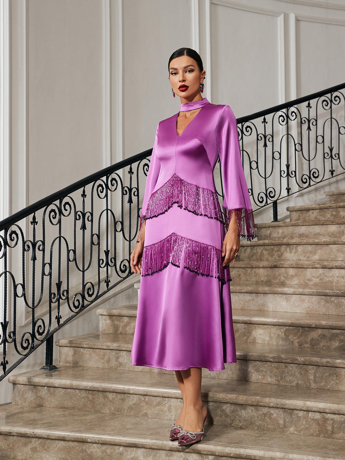 Thandie Glitter Fringe Satin Dress