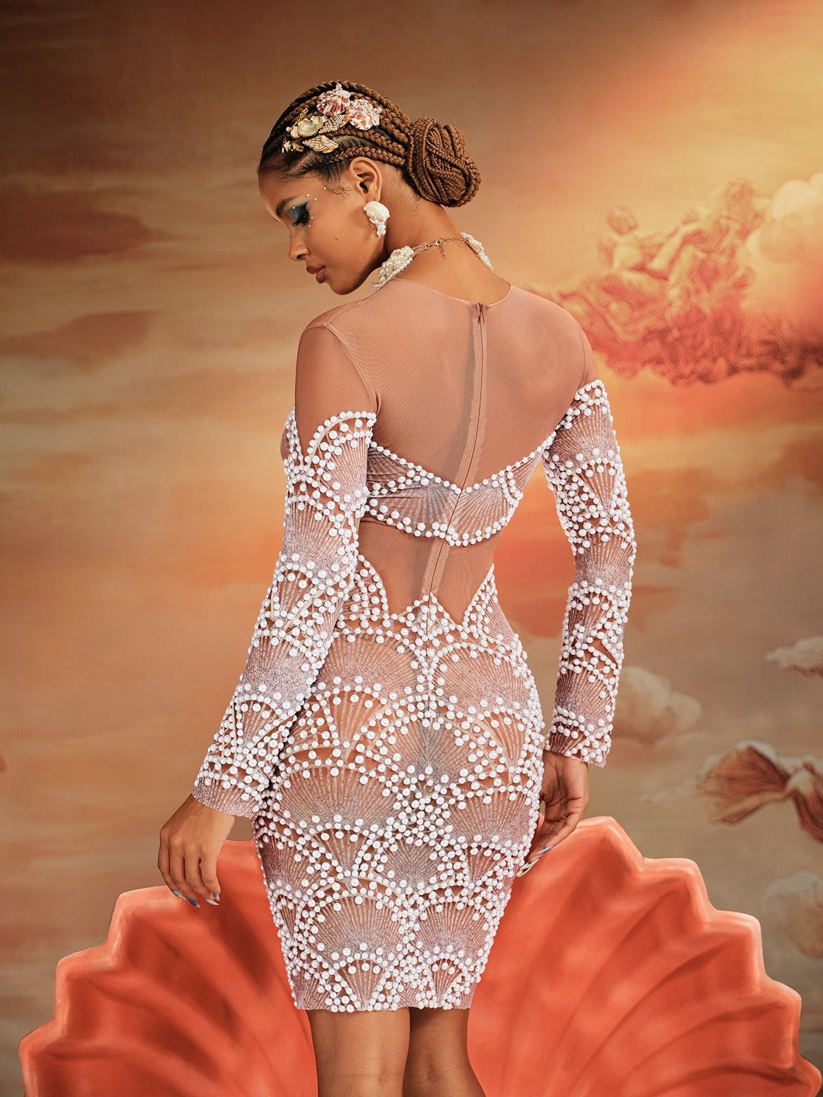 Theobald Long Sleeve Pearl Mesh Mini Dress