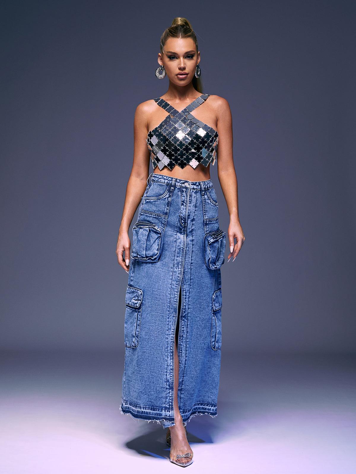 Valencia Pocket Split Denim Skirt In Blue