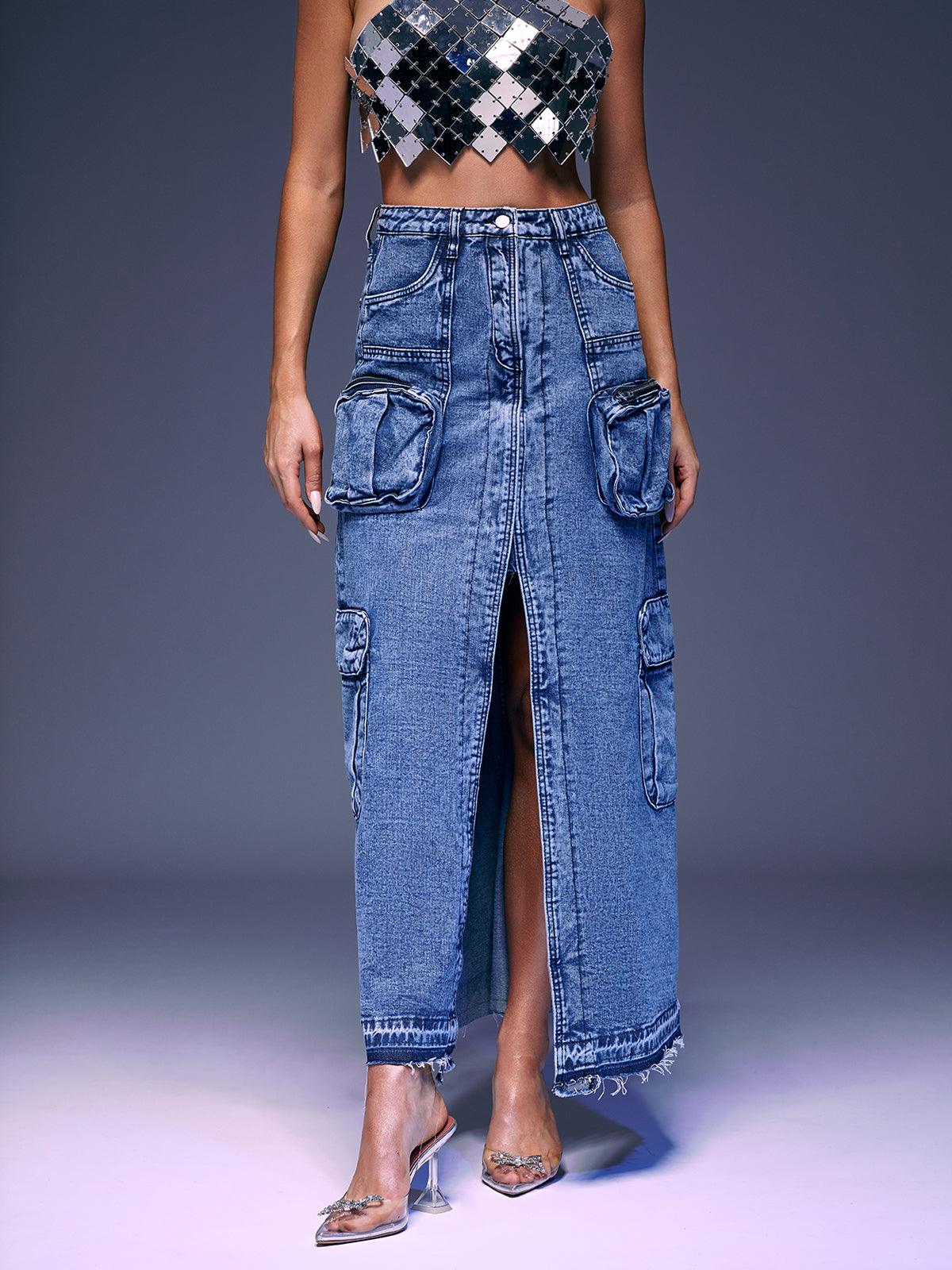 Valencia Pocket Split Denim Skirt In Blue