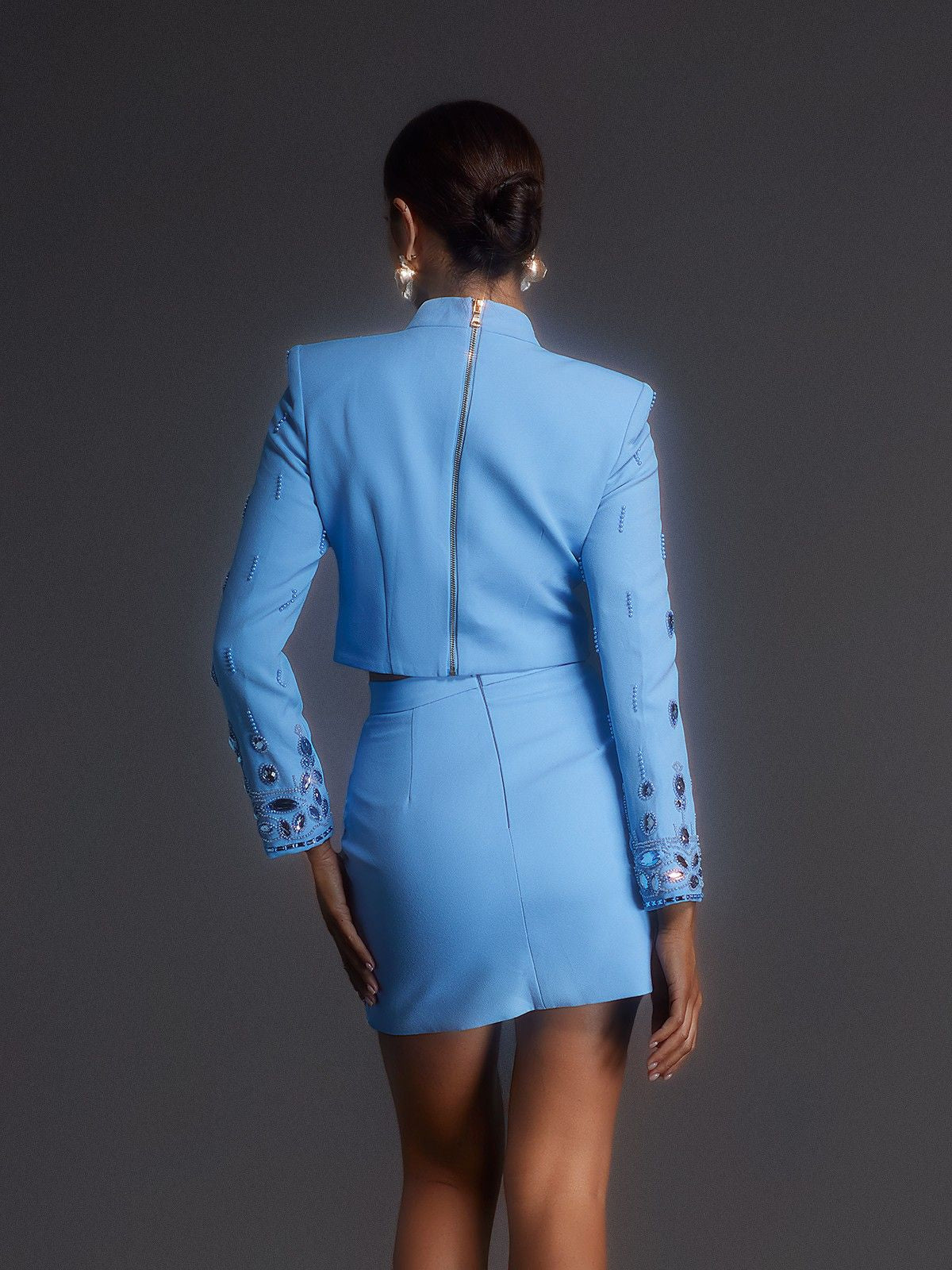 Vallea Long Sleeve Rhinestone Skirt Set In Blue